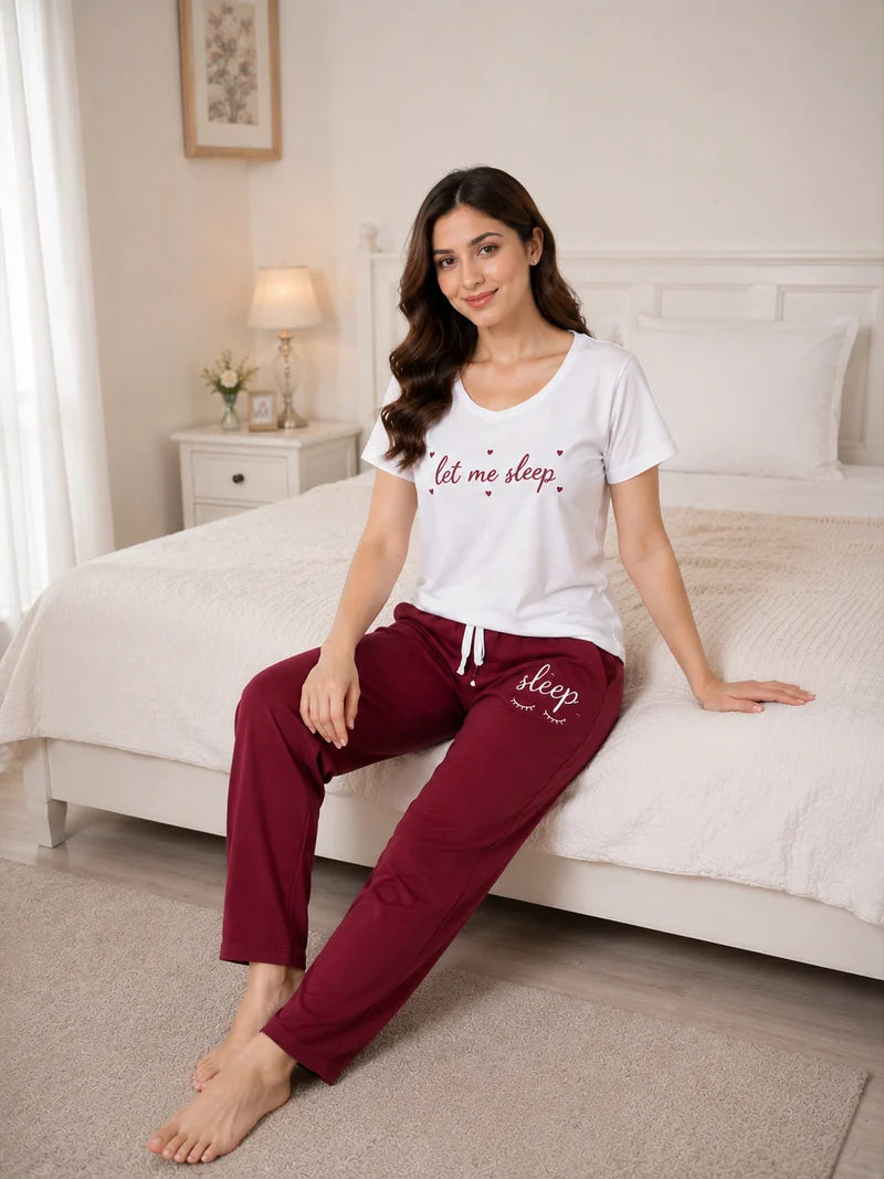 Women’s White & Maroon Pajama Set