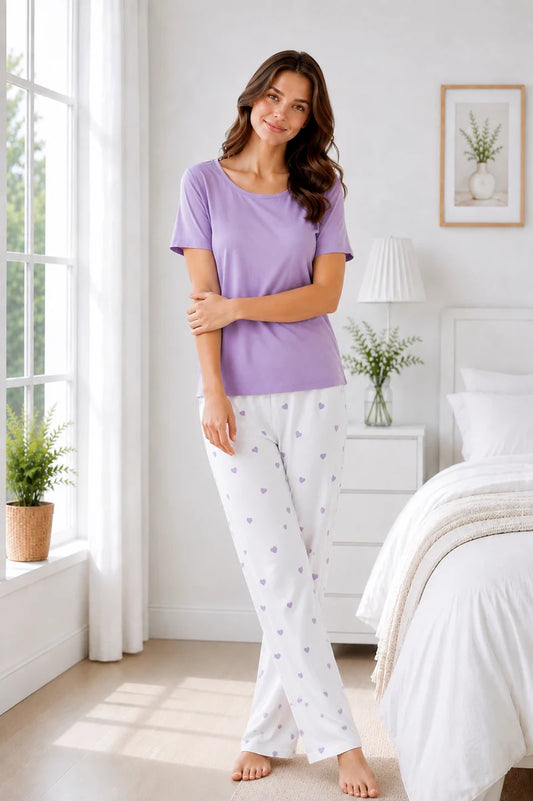 Purple Heart Print Cotton Pajama T-Shirt Nightsuit For Women