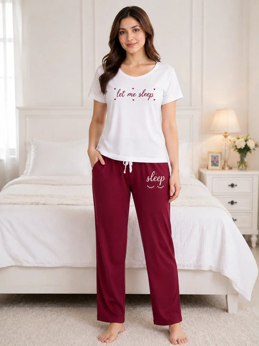 Women’s White & Maroon Pajama Set