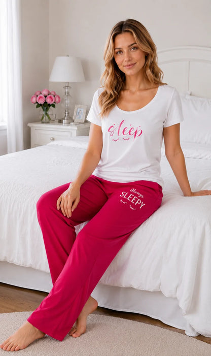 Sleepy Pink Cotton Pajama T-Shirt Nightsuit For Women