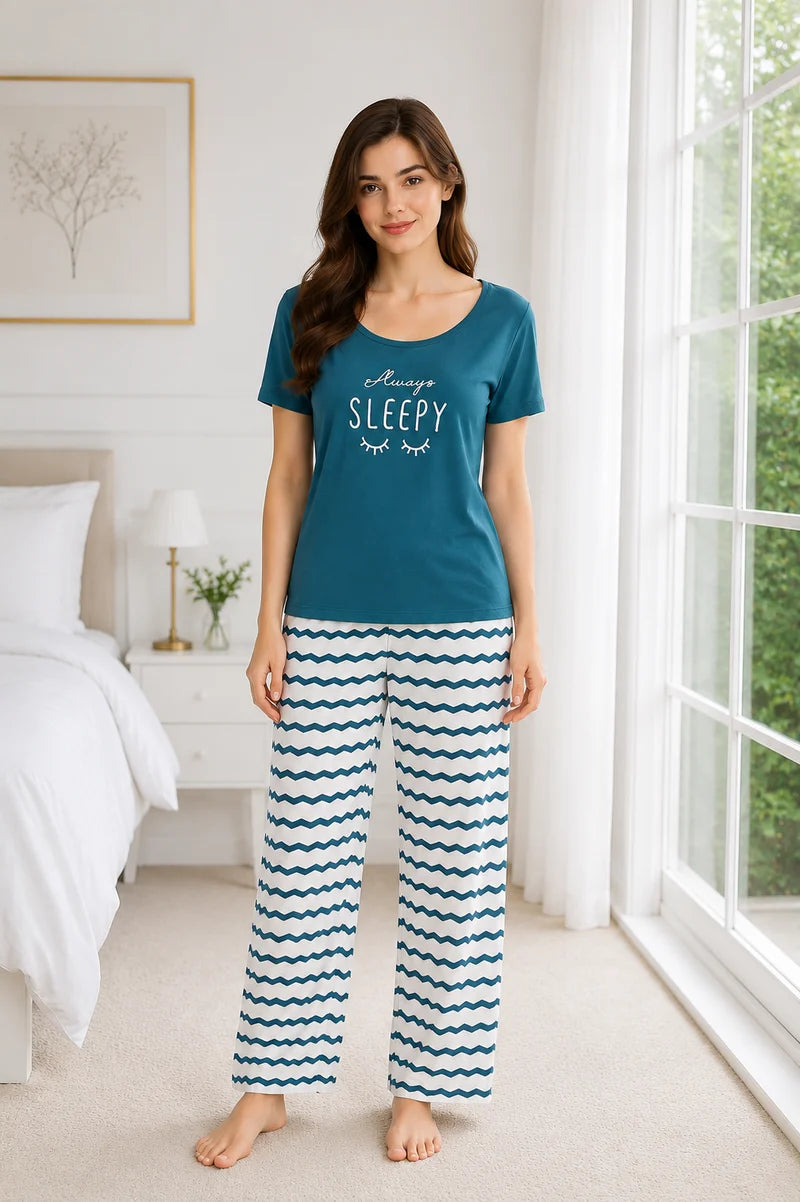 Waves Print Cotton Pajama T-Shirt Nightsuit For Women