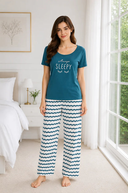 Waves Print Cotton Pajama T-Shirt Nightsuit For Women