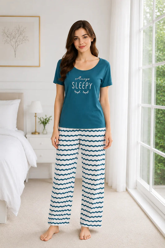 Waves Print Cotton Pajama T-Shirt Nightsuit For Women