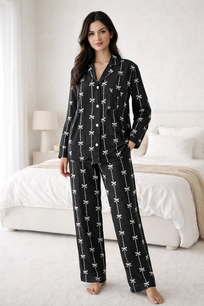 BOW STRIPE PRINT SUMMER LINEN PJS
