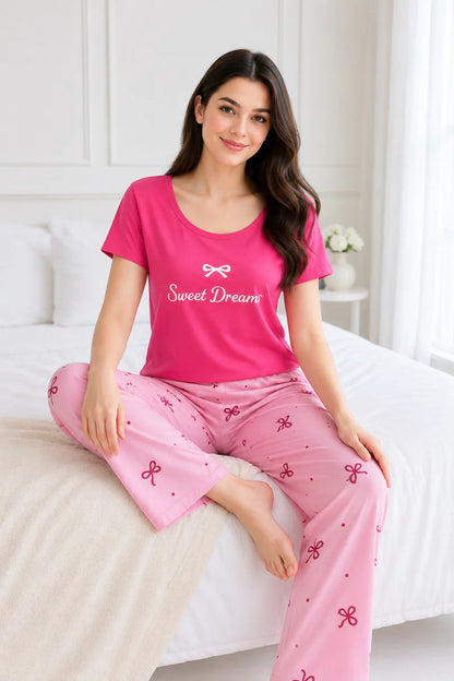 Bow & Polka Dot Print Cotton Pajama Tshirt Nightsuit For Women