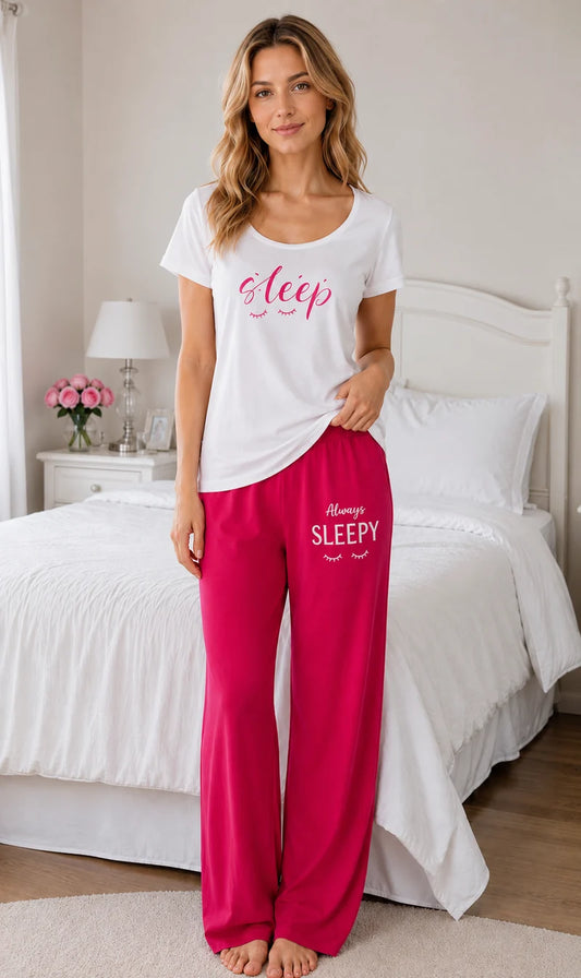 Sleepy Pink Cotton Pajama T-Shirt Nightsuit For Women