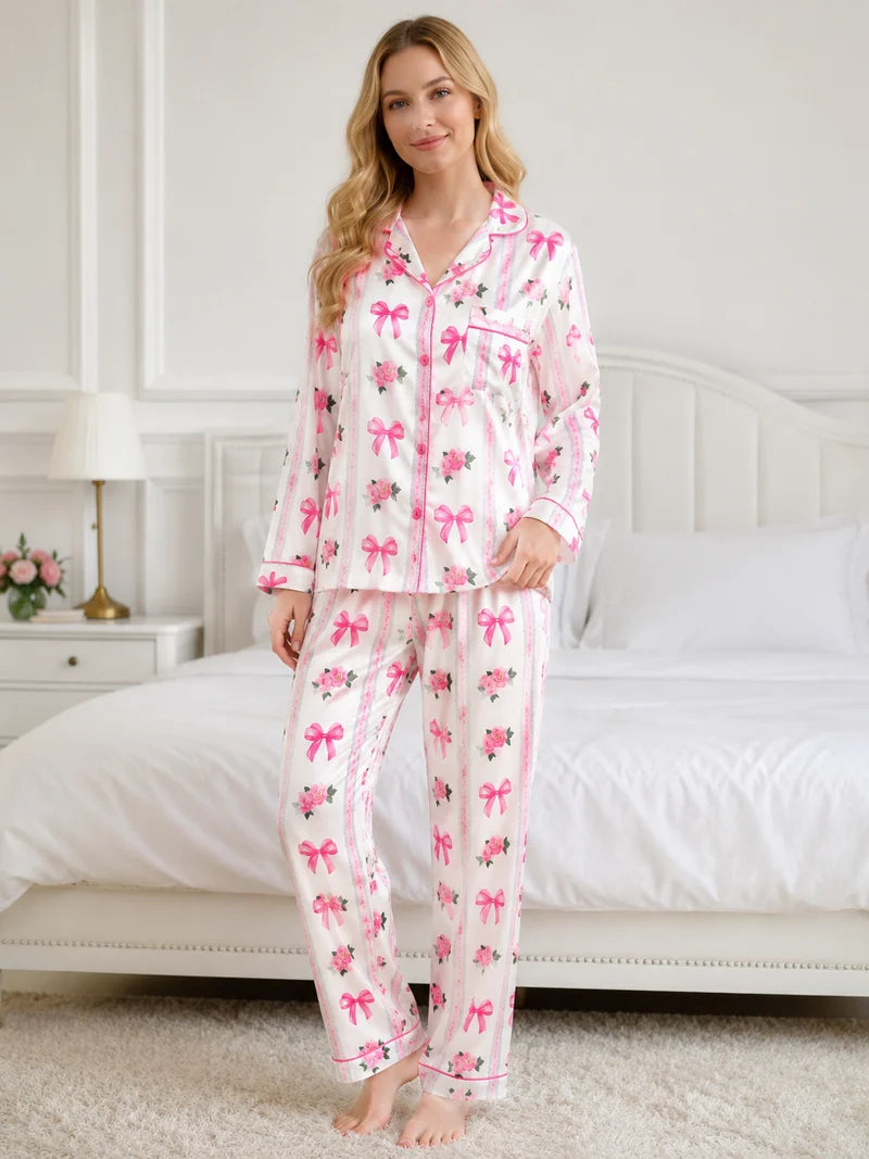 Cute Pink Bow & Floral Summer Silk Nightsuit for Women