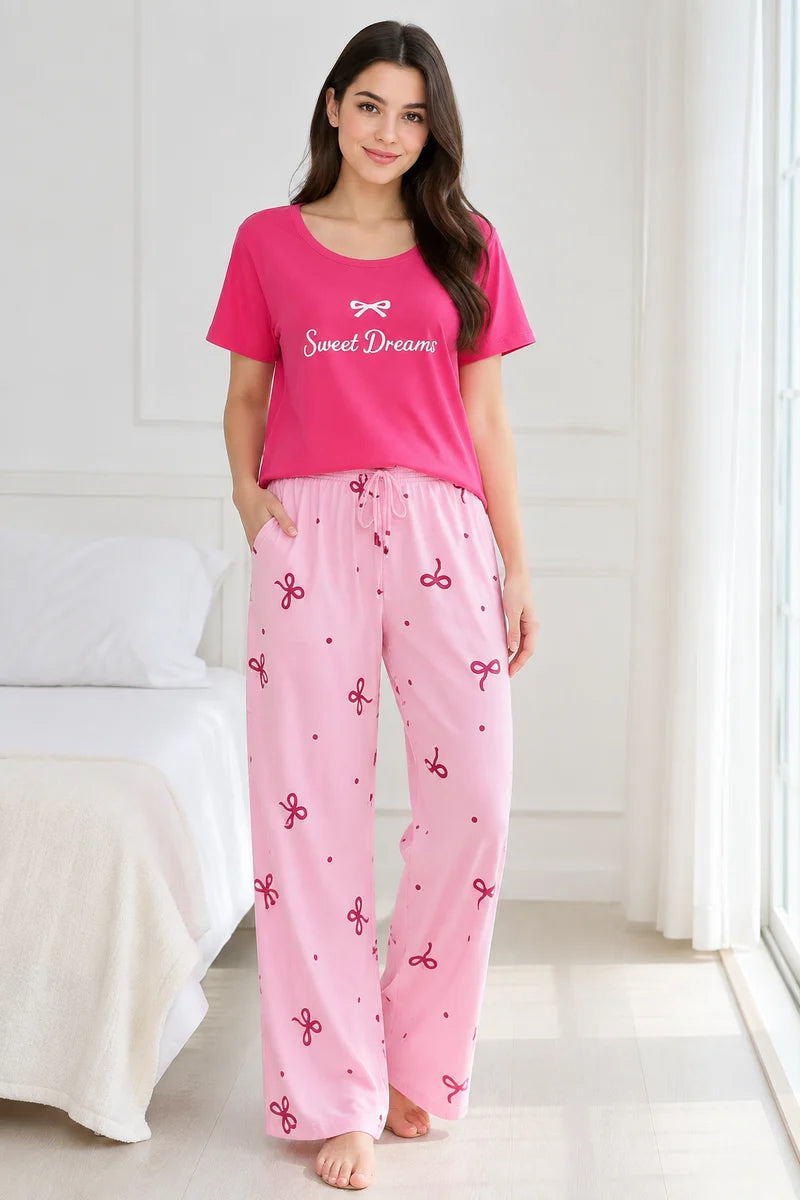 Bow & Polka Dot Print Cotton Pajama Tshirt Nightsuit For Women